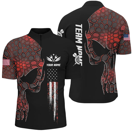 Red Geometric Camo American Flag Skull Darts Jersey Shirt Patriotic Men Dart Jersey, Darts Team Jersey Shirt