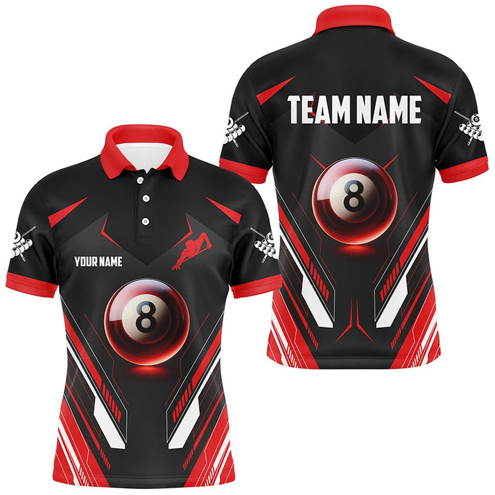 Red Glowing 8 Ball Pool Custom Name Billiard Shirts , Billiard Polo For Team Pool Player, Billiard Team Polo Shirts