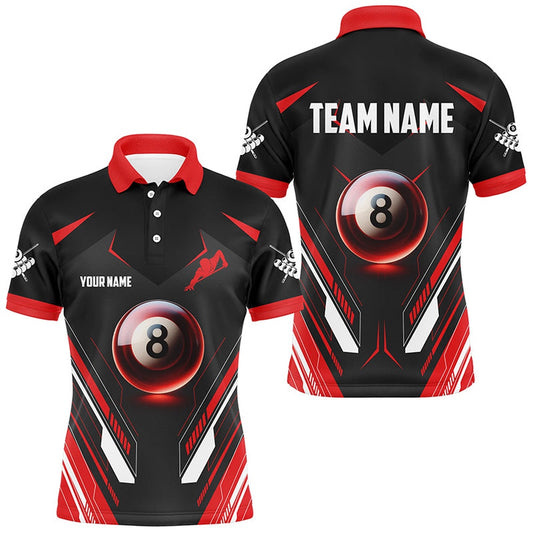 Red Glowing 8 Ball Pool Custom Name Billiard Shirts , Billiard Polo For Team Pool Player, Billiard Team Polo Shirts