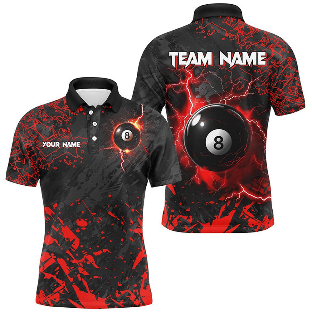 Red Grunge 8 Ball Pool Thunder Lightning Polo Shirts Custom Team League Billiard Polo Attire, Billiard Team Polo Shirts