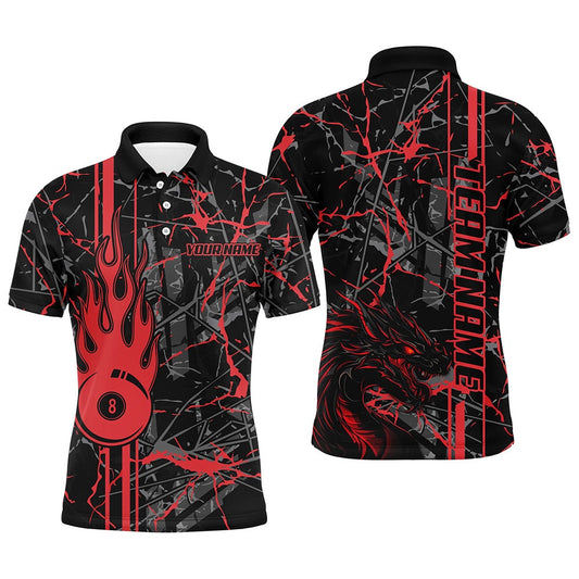 Red Grunge Billiard Custom Fire Flame 8 Ball Dragon Team League Billiard Shirts, Billiard Team Polo Shirts