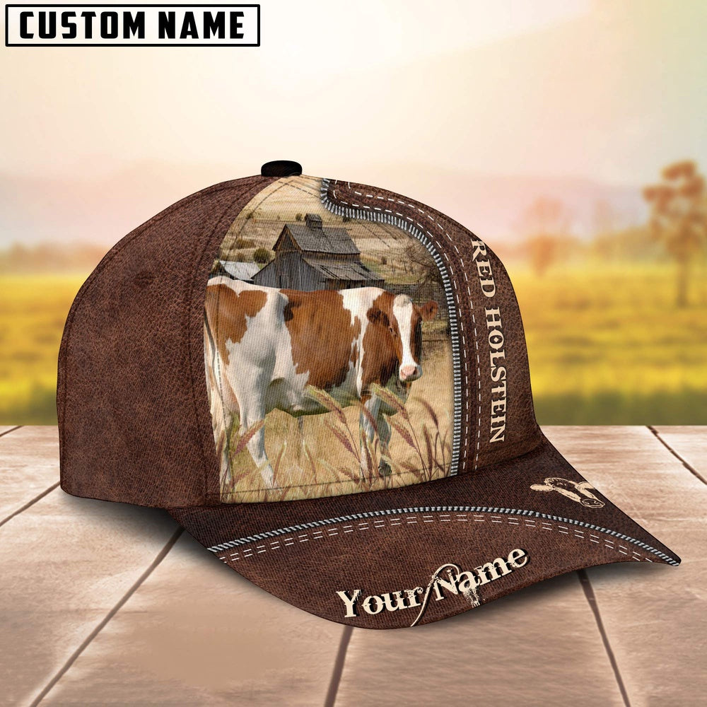 Red Holstein Customized Name Leather Pattern Cap, Farmer Cap, Cap For Farmers, Best Farm Hat, Farm Use Hat