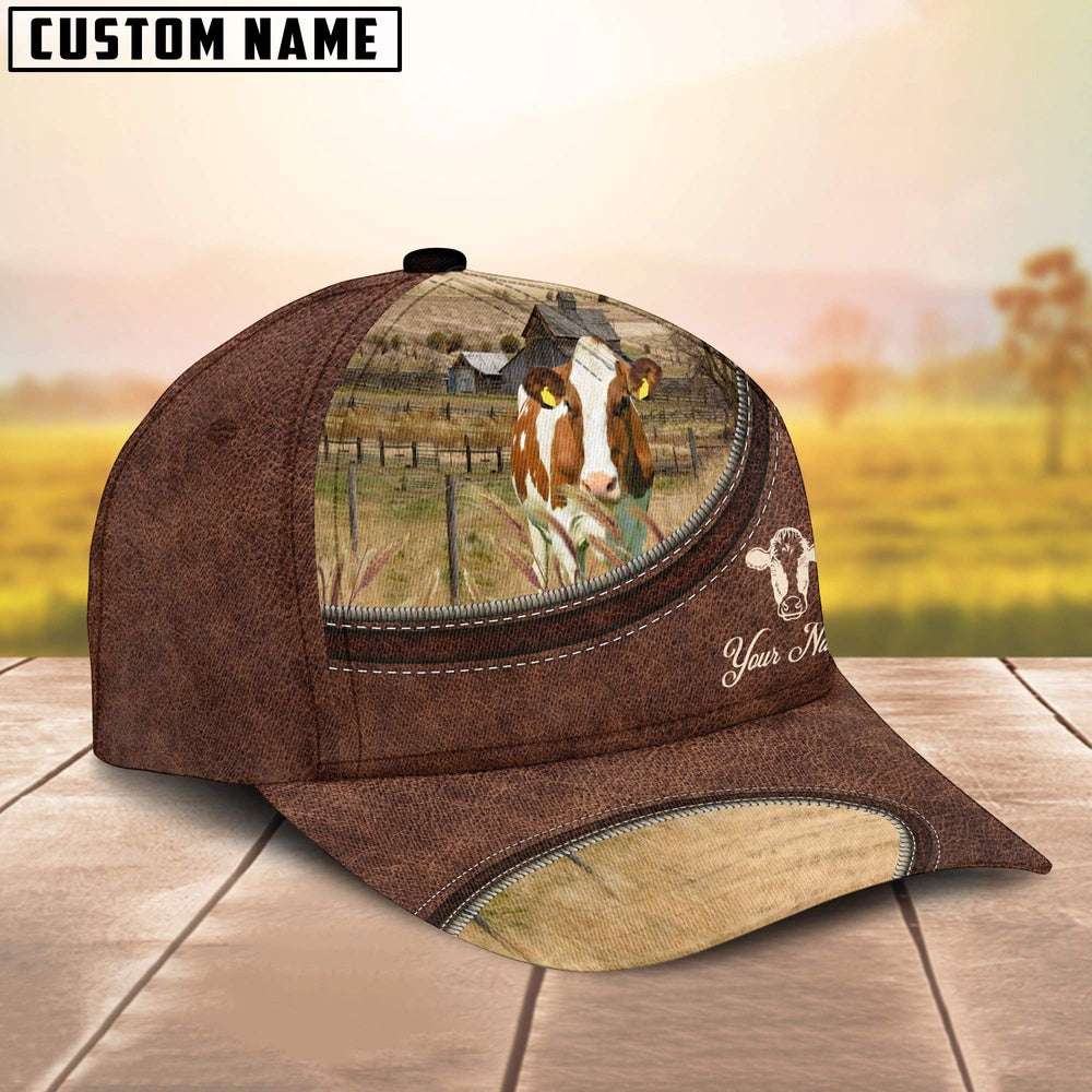 Red Holstein On The Farm Customized Name Leather Pattern Cap, Farmer Cap, Cap For Farmers, Best Farm Hat, Farm Use Hat