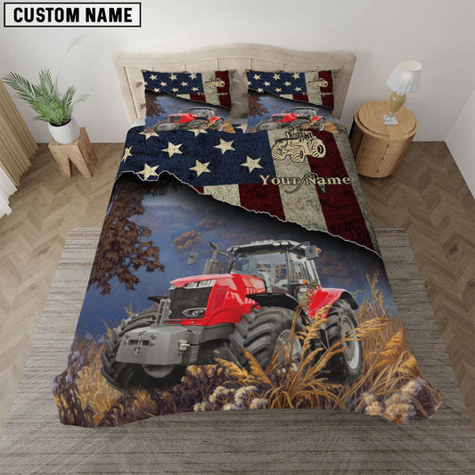 Red Tractor America Customized Name Bedding Set, Farm Bedding Set, Farmhouse Bedding Set