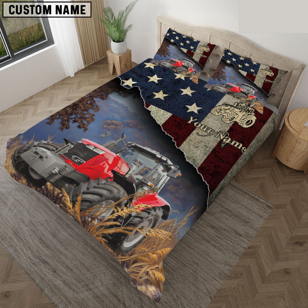 Red Tractor America Customized Name Bedding Set, Farm Bedding Set, Farmhouse Bedding Set