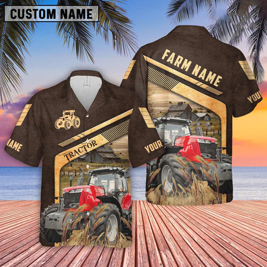 Red Tractor Brown Pattern Customized Name Hawaiian Shirt, Farm Hawaiian Shirt, Farmer Hawaii