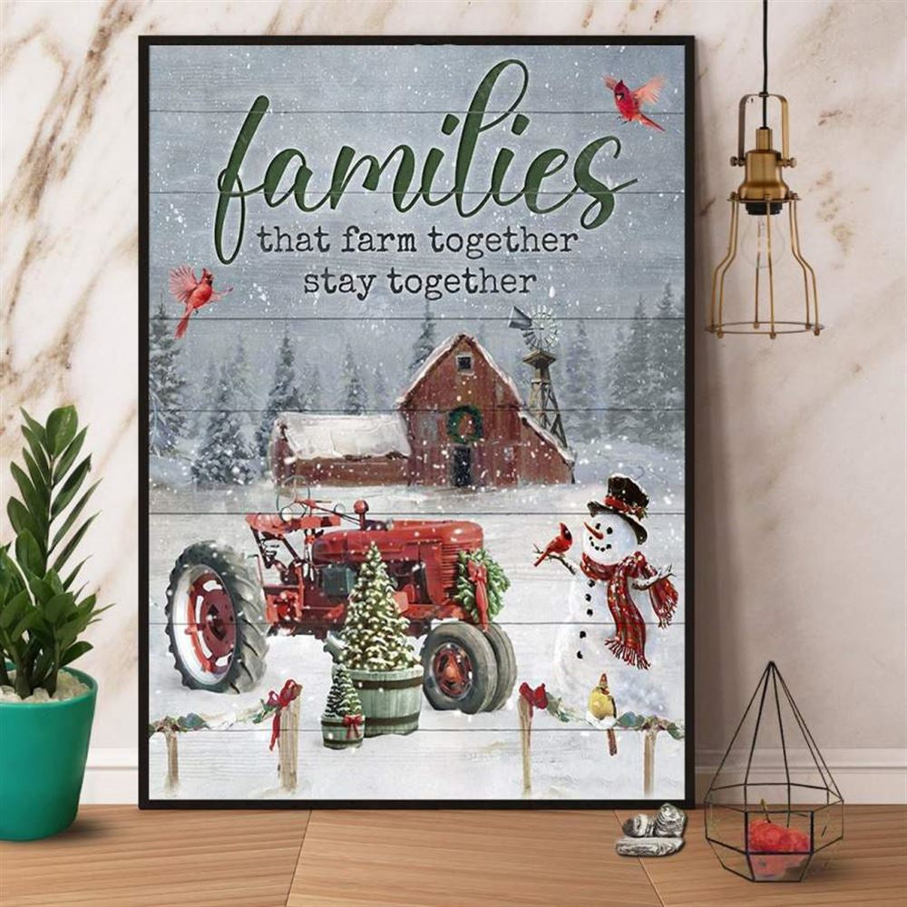 Red Tractor Families That Farm Together Stay Together Beautiful Christmas Barn Snowman Christmas Tree Canvas, Farm Canvas, Farm Art Decor