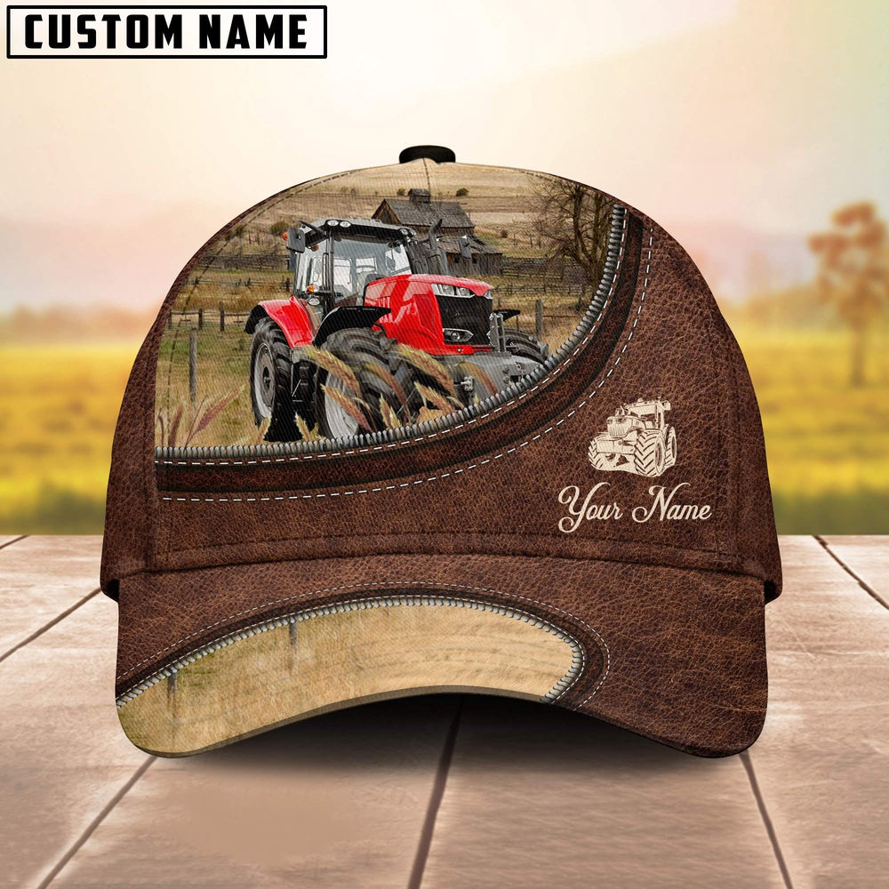 Red Tractor On The Farm Customized Name Leather Pattern Cap, Farmer Cap, Cap For Farmers, Best Farm Hat, Farm Use Hat