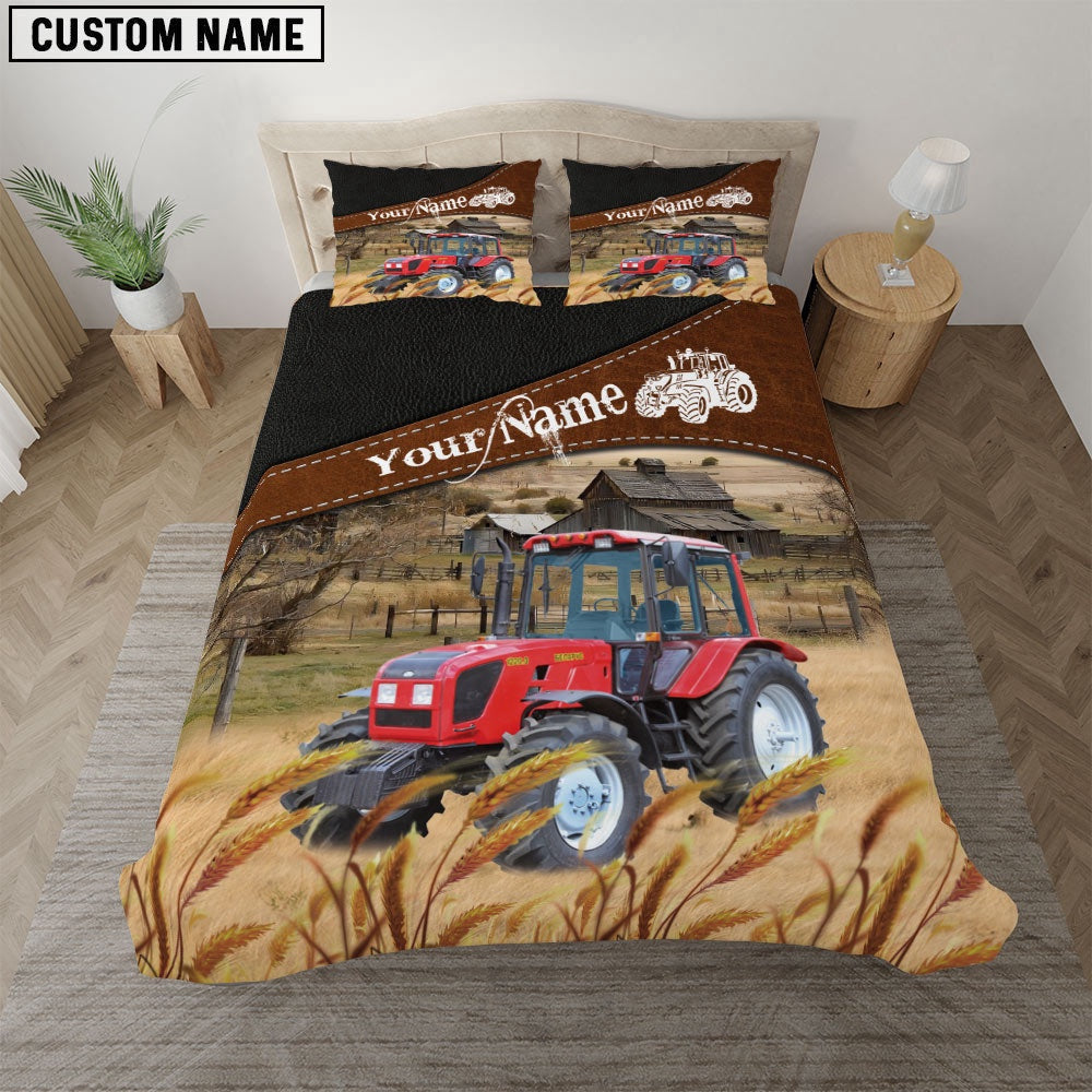Red Tractor On The Field Customized Name Bedding Set, Farm Bedding Set, Farmhouse Bedding Set