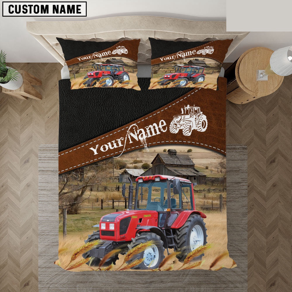 Red Tractor On The Field Customized Name Bedding Set, Farm Bedding Set, Farmhouse Bedding Set