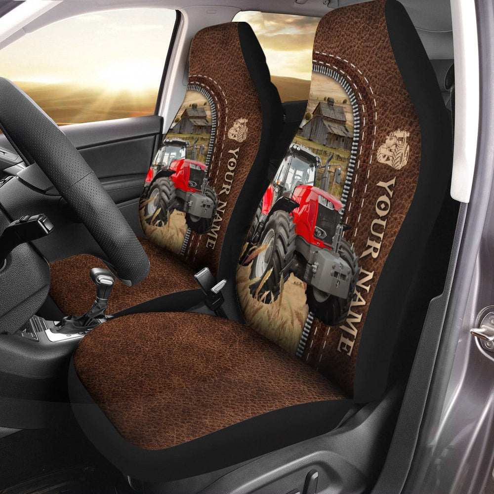 Red Tractor Personalized Name Leather Pattern Car Seat Cover, Car Seat Cover, Farm Car Seat Cover, Pet Seat Covers