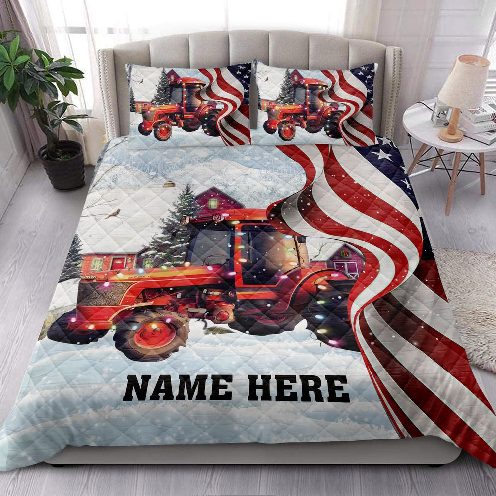 Red Tractormas String Light Us Flag Bedding Set, Christmas Beddings, Xmas Bedding Sets