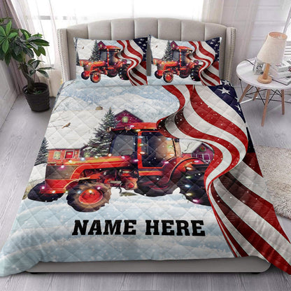 Red Tractormas String Light Us Flag Bedding Set, Christmas Beddings, Xmas Bedding Sets