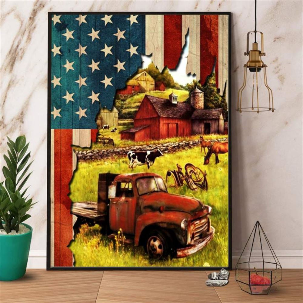 Red Truck Farming Cow And Horse Farmhouse And American Flag Canvas, Farm Canvas, Farm Art Decor