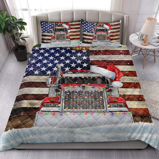 Red Truck Wearing Amas Hat With String Light Us Flag Bedding Set, Christmas Beddings, Xmas Bedding Sets