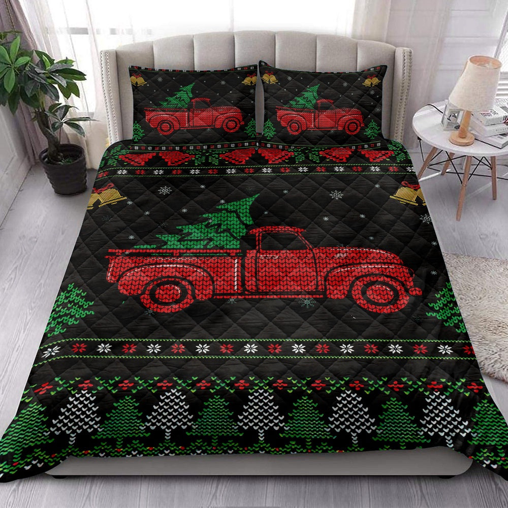 Red Truck Withmas Tree Snowflake Bell Ugly Chrismas Bedding Set, Christmas Beddings, Xmas Bedding Sets