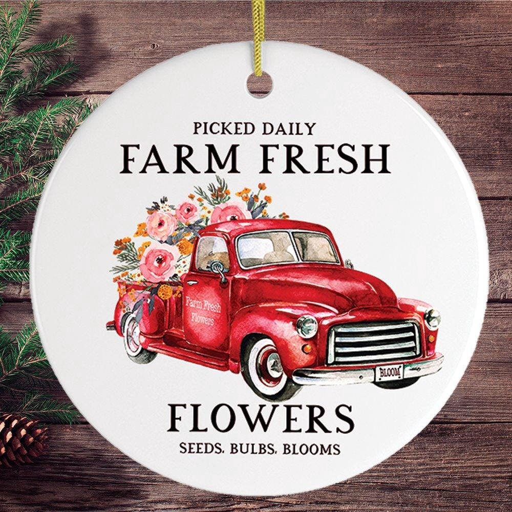 Red Truck and Farm Flowers Christmas Ornament, Christmas Ornament