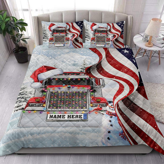 Red Truckermas String Light Us Flag Bedding Set, Christmas Beddings, Xmas Bedding Sets