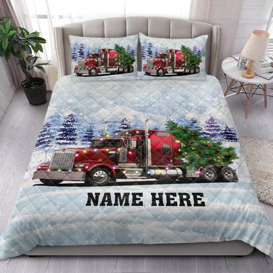 Red Truckermas Tree String Lights Bedding Set, Christmas Beddings, Xmas Bedding Sets