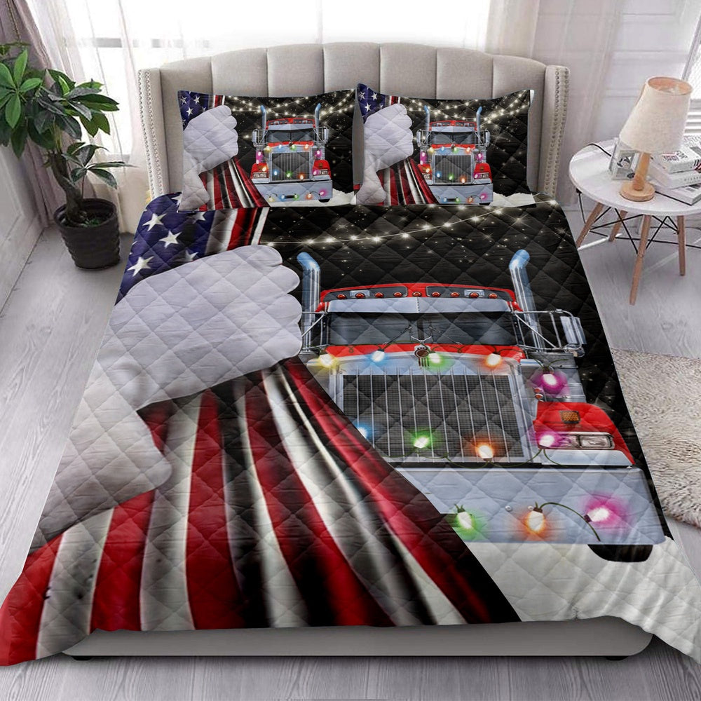 Red Truckmas String Light Snowflake Us Flag Trucker Bedding Set, Christmas Beddings, Xmas Bedding Sets