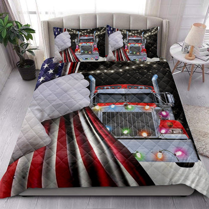 Red Truckmas String Light Snowflake Us Flag Trucker Bedding Set, Christmas Beddings, Xmas Bedding Sets