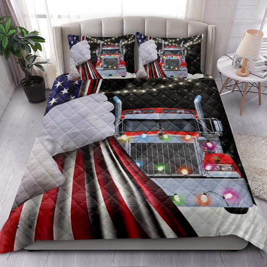 Red Truckmas String Light Snowflake Us Flag Trucker Bedding Set, Christmas Beddings, Xmas Bedding Sets