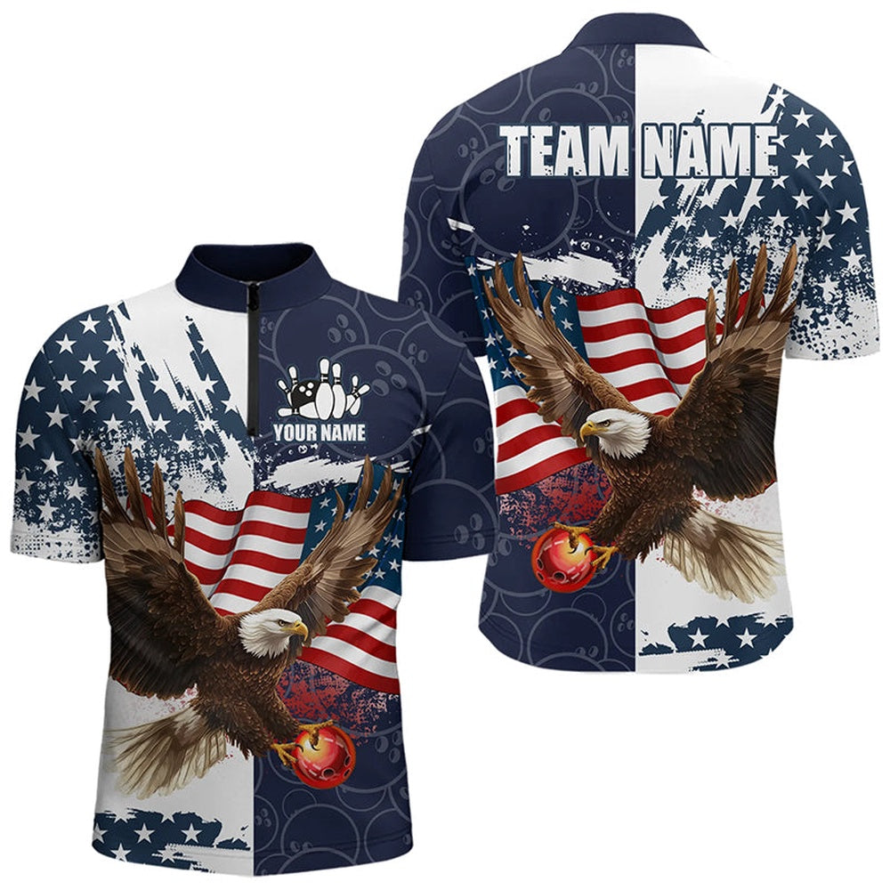 Red, White And Blue American Flag Eagle Bowling Shirts For Men Custom Patriotic Bowling Team Jersey, Bowling Jersey Shirt