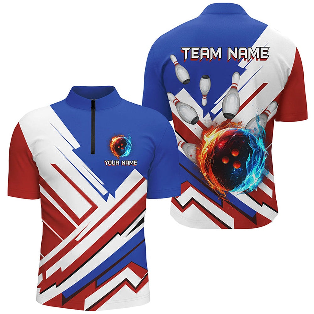 Red, White And Blue Flame Bowling Polo, Jersey Shirt For Men Custom Bowling Team Jerseys, Bowling Jersey Shirt