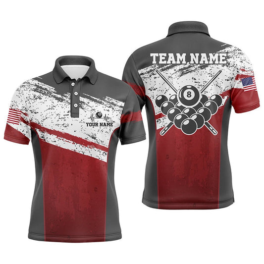 Red White Grunge Style Custom Billiard Polo, Personalized Name Billiard Polo Shirts, Billiard Team Polo Shirts