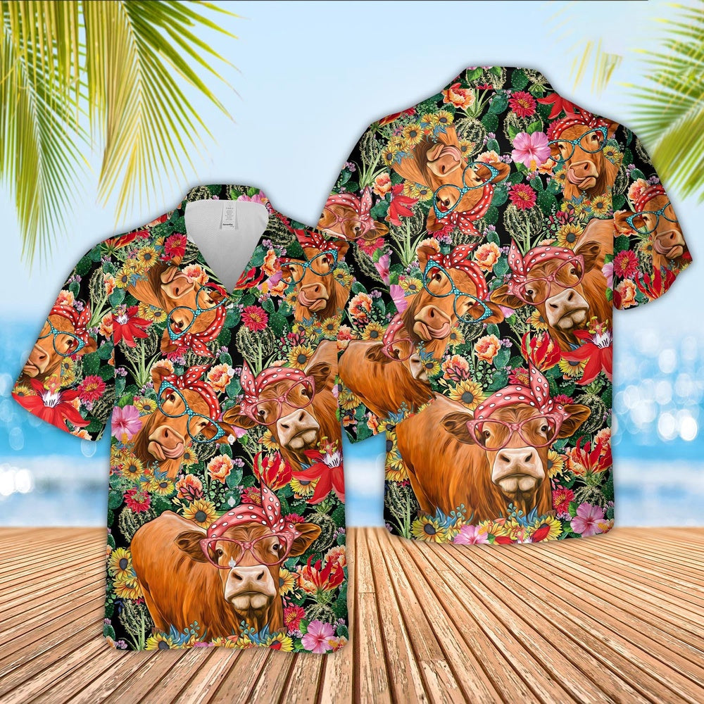 Red angus Cow And Flower Drawing Hawaiian Shirt, Farm Hawaiian Shirt, Farmer Hawaii
