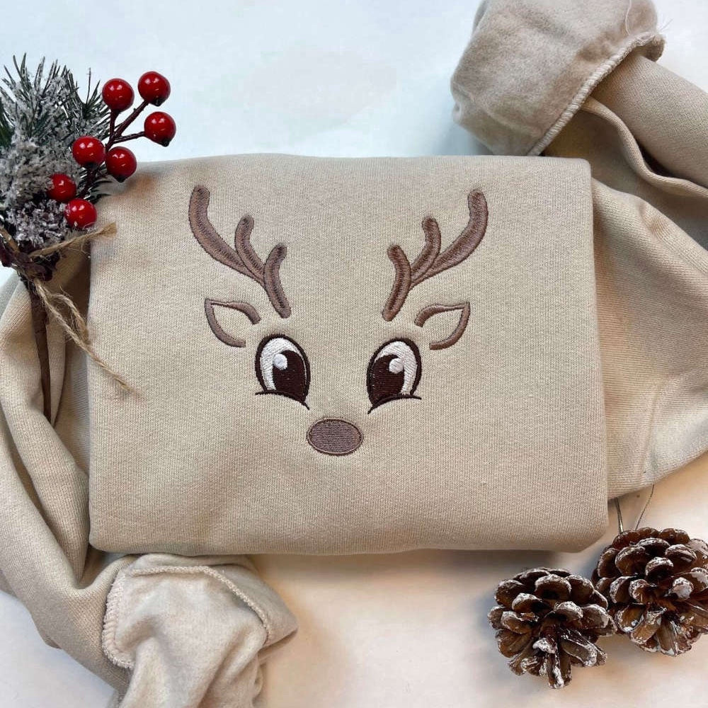 Reindeer Embroidered Sweatshirt, Christmas Sweatshirt, Gift For Christmas, Christmas Embroidered, Christmas Gifts