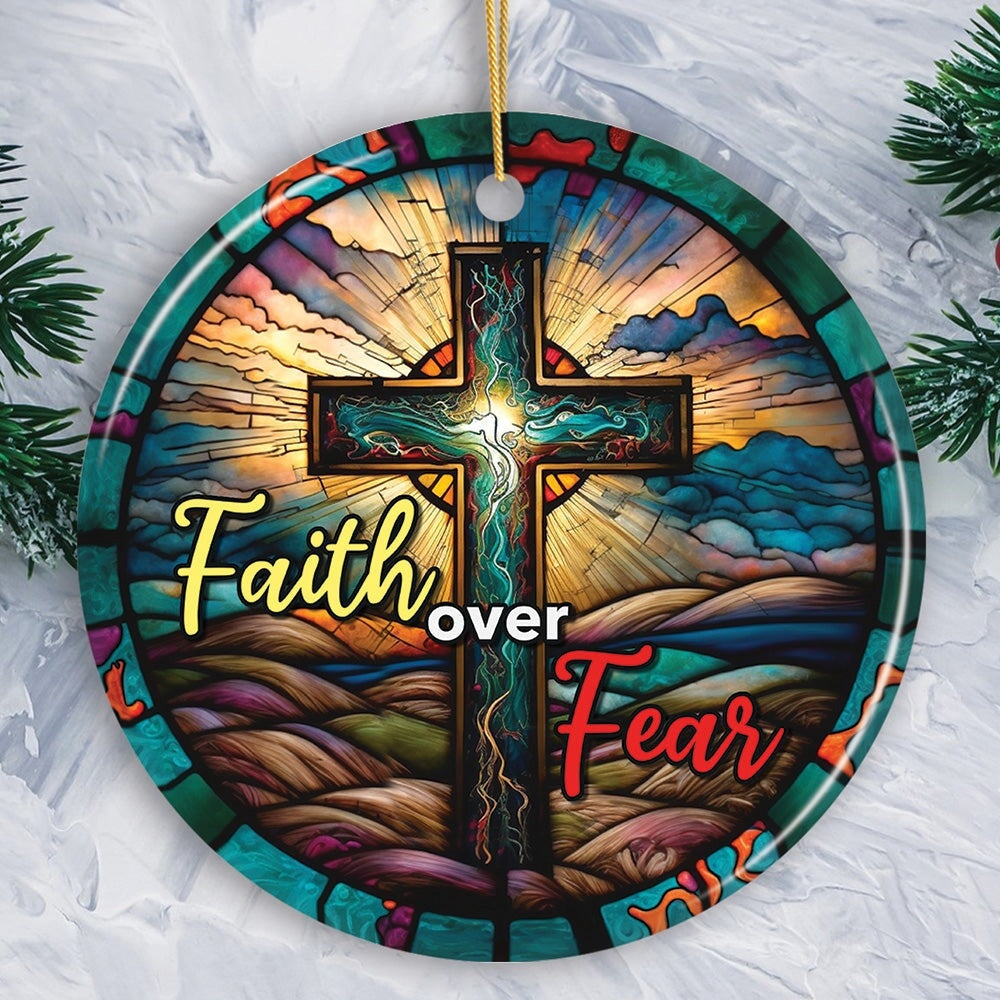 Religious Cross Jesus Stained Glass Art Ornament with Faith over Fear Quote, Christmas Ornament