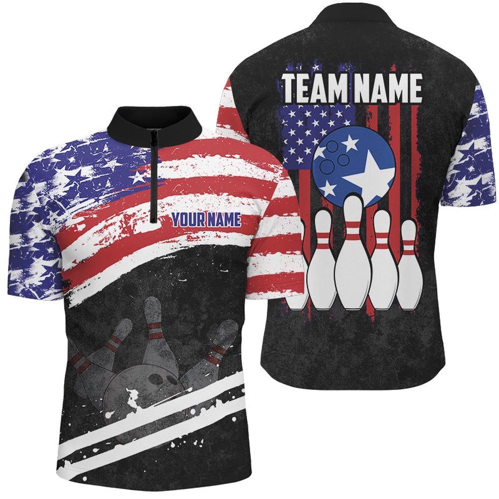 Retro American Flag Bowling Polo, Jersey Shirt For Men Custom Patriotic Bowling Team Jerseys, Bowling Jersey Shirt