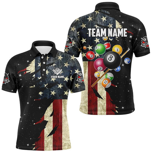 Retro American Flag Dark Galaxy Custom Billiard Balls Pool Shirt, Patriotic Billiard Shirts, Billiard Team Polo Shirts