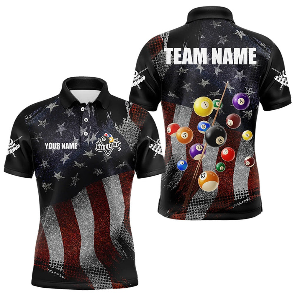 Retro American Flag Patriotic Billiard Shirts Custom 3D Billiard Balls Pool Team Polo, Billiard Team Polo Shirts