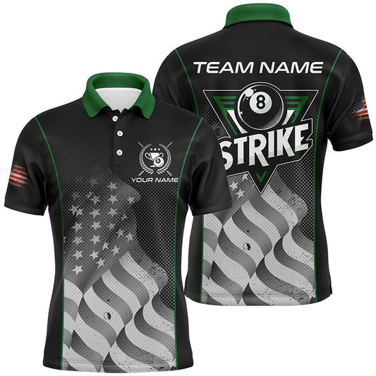 Retro American Flag Strike 8 Ball Billiard Shirts Custom Patriotic Billiard Polo Green, Billiard Team Polo Shirts