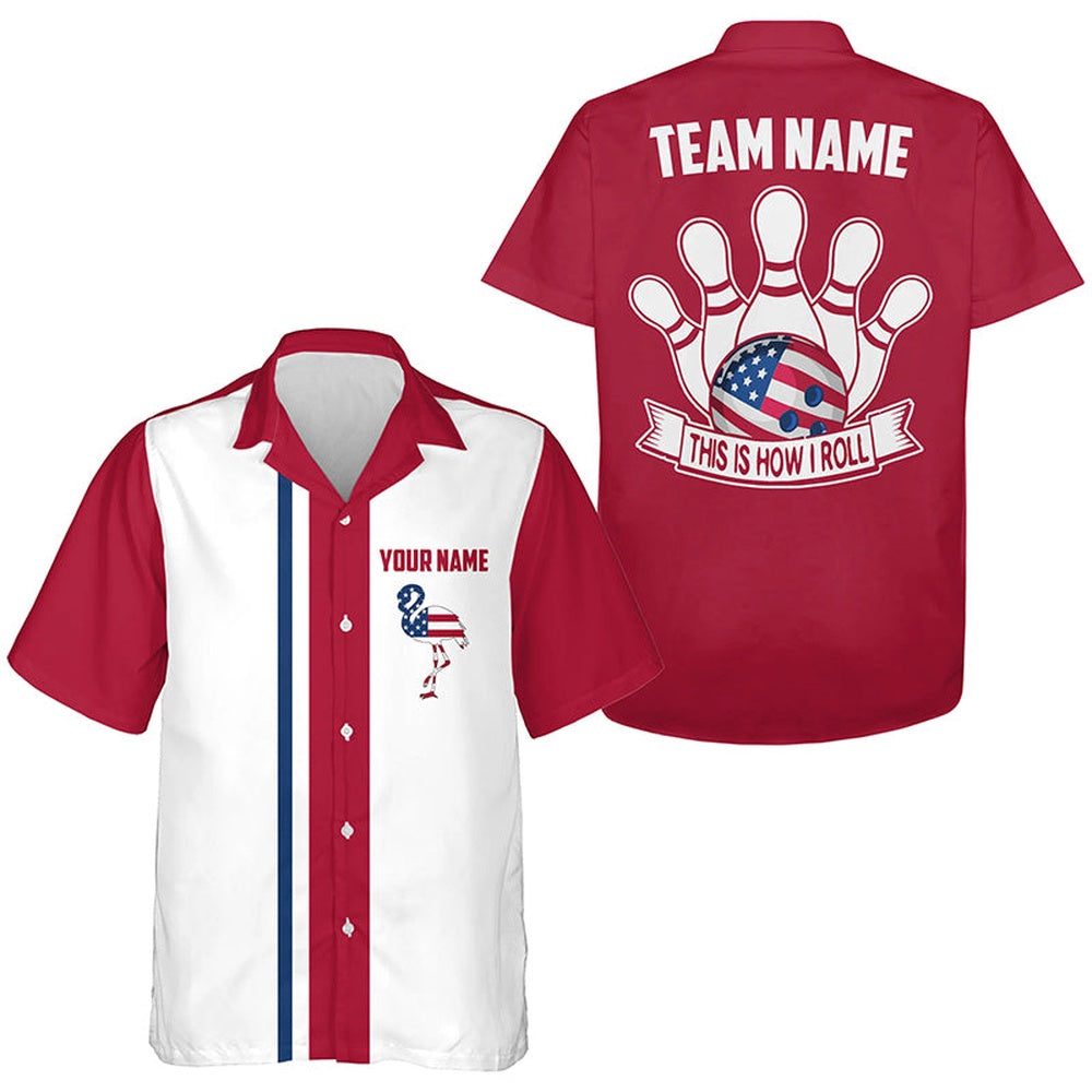 Retro Bowling Hawaiian Shirts, Custom Patriotic American Flag Flamingo Bowling Button Up Shirts, Bowling Team Hawaiian