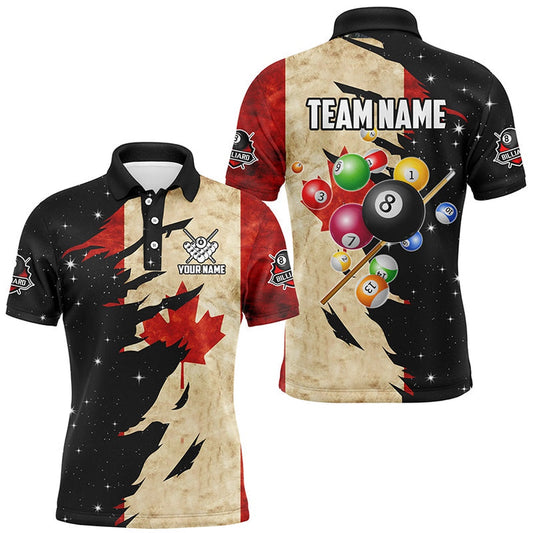 Retro Canada Flag Dark Galaxy Custom Billiard Balls Pool Shirt, Patriotic Billiard Shirts, Billiard Team Polo Shirts