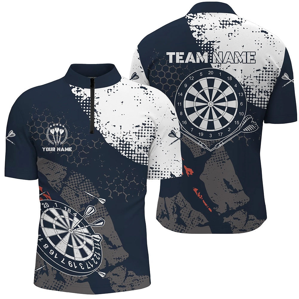 Retro Navy White Pattern Custom Mens Darts Quarter Shirt Dart Team Jerseys For Me, Darts Team Jersey Shirt
