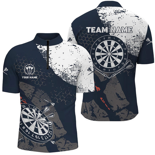 Retro Navy White Pattern Custom Mens Darts Quarter Shirt Dart Team Jerseys For Me, Darts Team Jersey Shirt