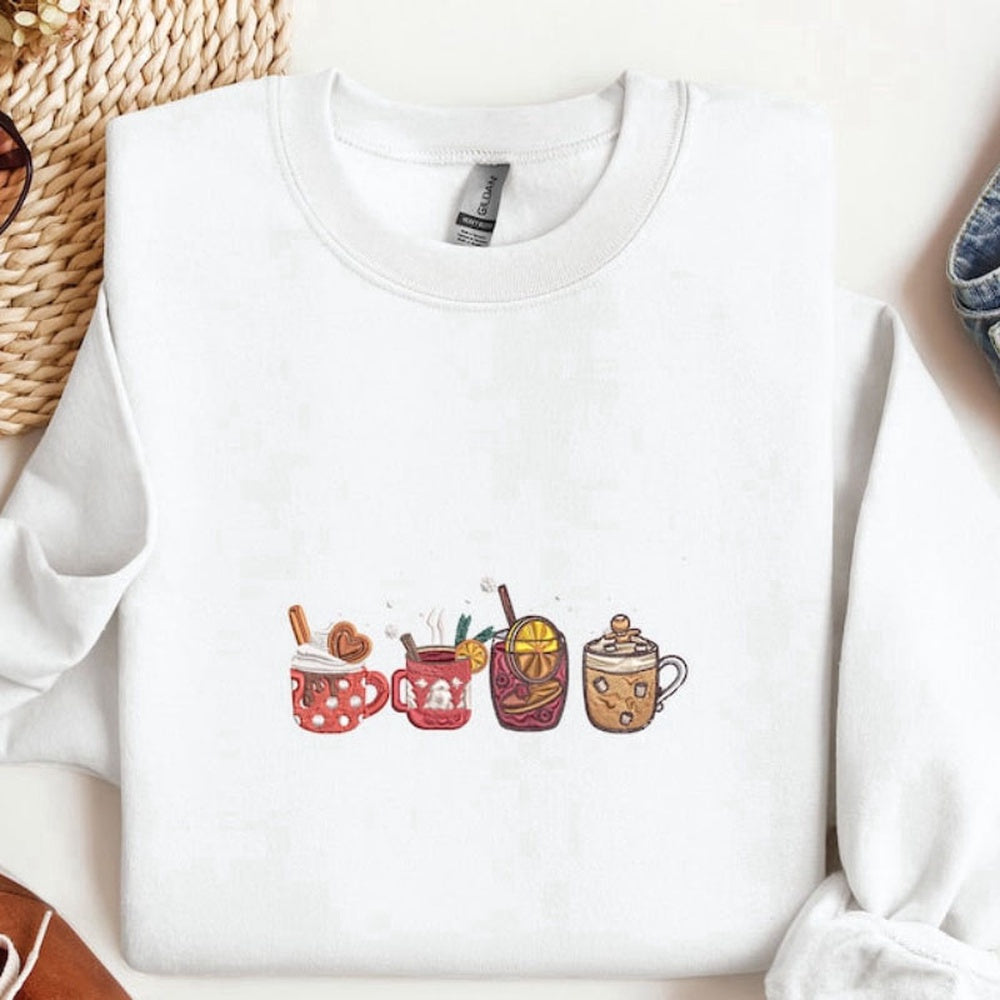 Retro Pumpkin Cup Embroidered Sweatshirt 2D Crewneck Sweatshirt For Family, Christmas Embroidered, Christmas Gifts