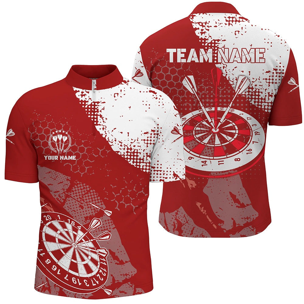Retro Red White Pattern Custom Mens Darts Jerseys Shirts Dart Team Jerseys For Me, Darts Team Jersey Shirt