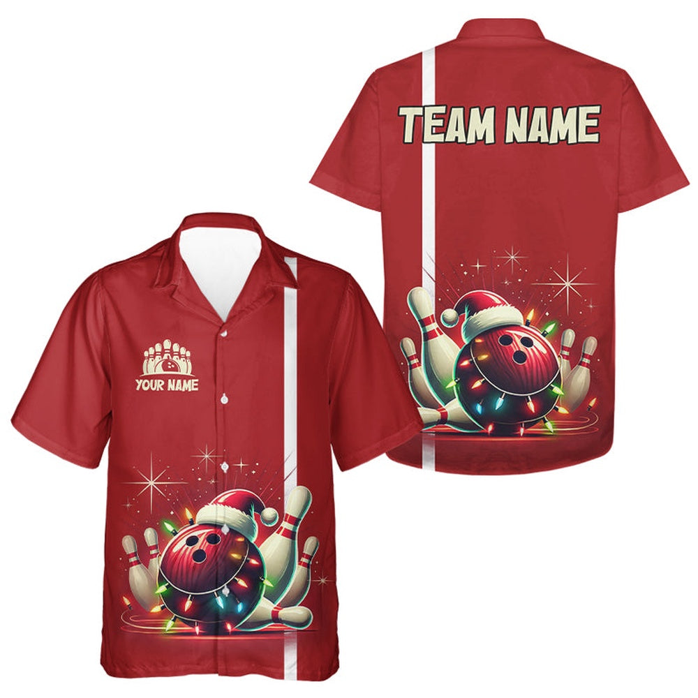 Retro Redchristmas Bowling Hawaiian Shirt, Custom Xmas Team Bowling Button Up Shirts, Bowling Team Hawaiian