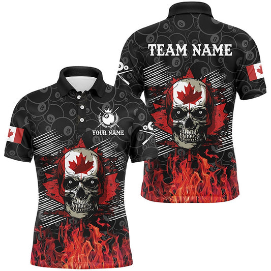 Retro Skull Canadian Flag Patriotic Custom Billiard Shirts, 8 Ball Pattern Billiard Polo, Billiard Team Polo Shirts