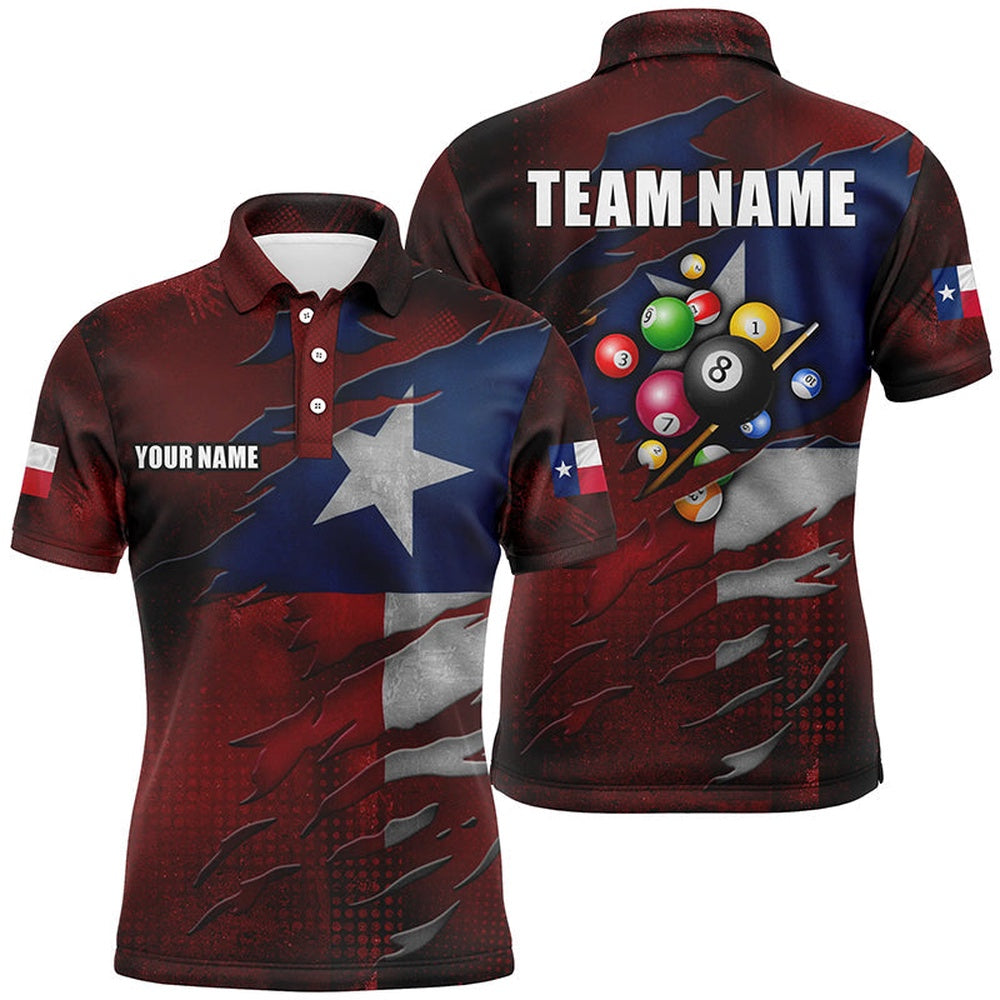 Retro Texas Flag 3D Billiard Balls Pool Shirts Custom Patriotic Billiard Polo Attire, Billiard Team Polo Shirts
