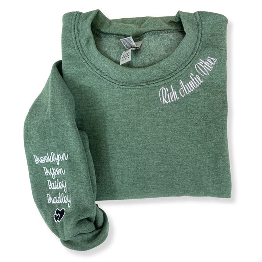 Rich Auntie Vibes Sweatshirt With Children Names On Sleeve, Christmas Embroidered, Christmas Gifts