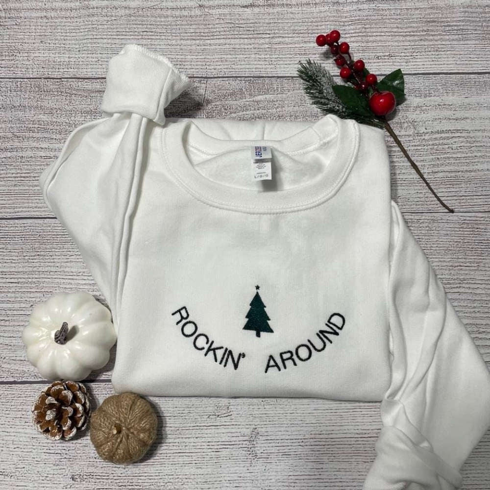 Rockin Around Christmas Tree Embroidered Sweatshirt, Christmas Tree Crewneck, Christmas Embroidered, Christmas Gifts