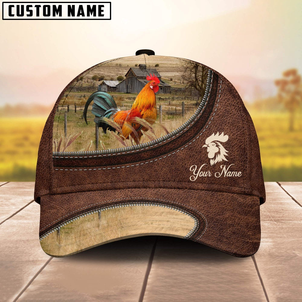 Rooster Chicken On The Farm Customized Name Leather Pattern Cap, Farmer Cap, Cap For Farmers, Best Farm Hat, Farm Use Hat
