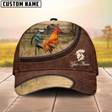 Rooster Chicken On The Farm Customized Name Leather Pattern Cap, Farmer Cap, Cap For Farmers, Best Farm Hat, Farm Use Hat