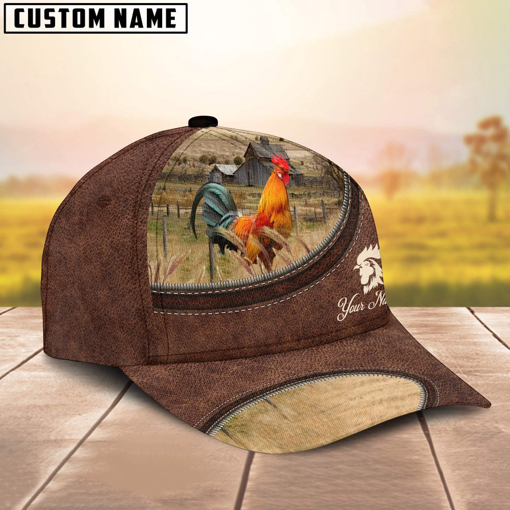 Rooster Chicken On The Farm Customized Name Leather Pattern Cap, Farmer Cap, Cap For Farmers, Best Farm Hat, Farm Use Hat